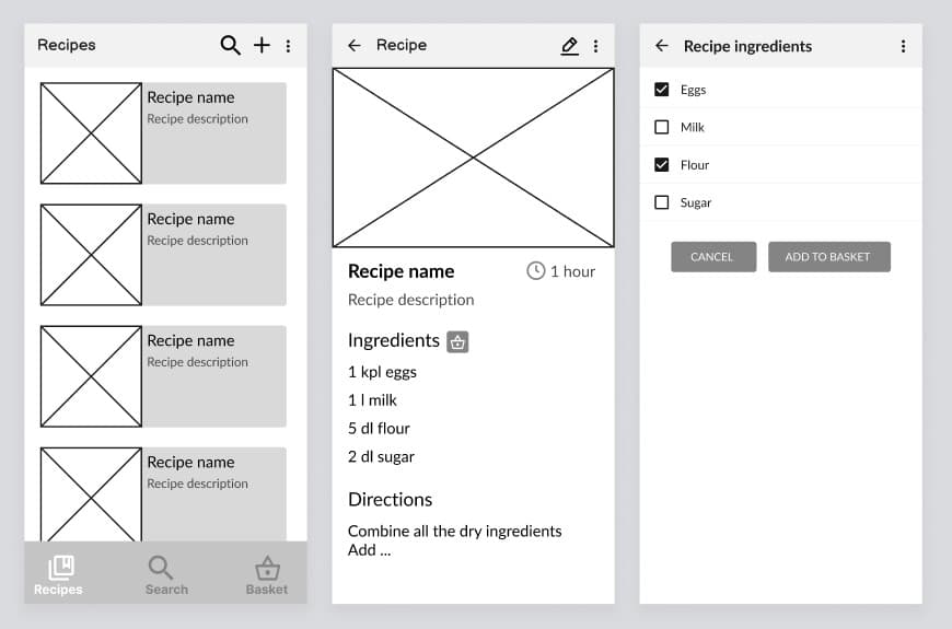 Early wireframe of the application